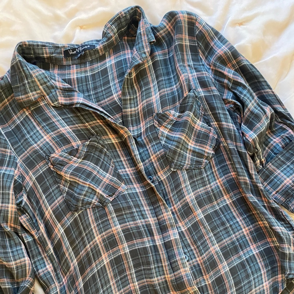 green and pink flannel blouse